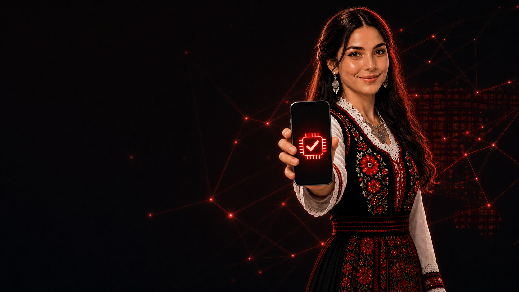 Vajza e Shqiponja eSIM duke paraqitur telefonin