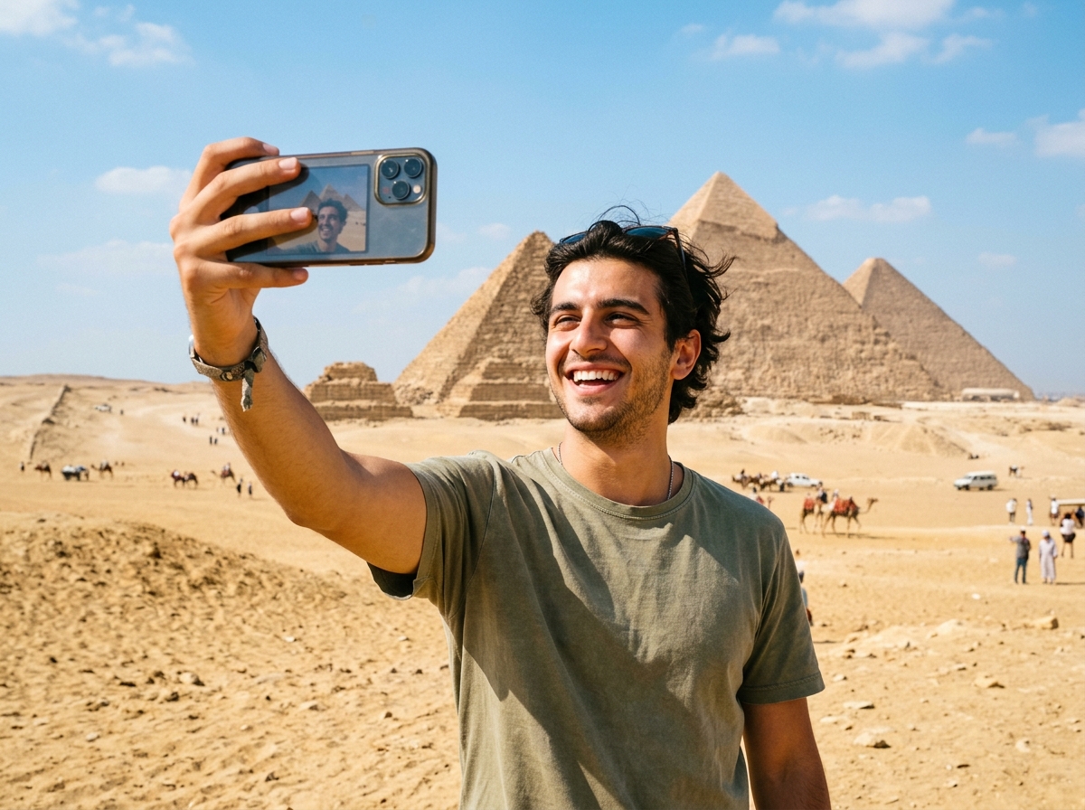 Djalë shqiptar i qeshur duke bërë selfie para piramidave me lidhje pa rrezik nga Shqiponja eSIM